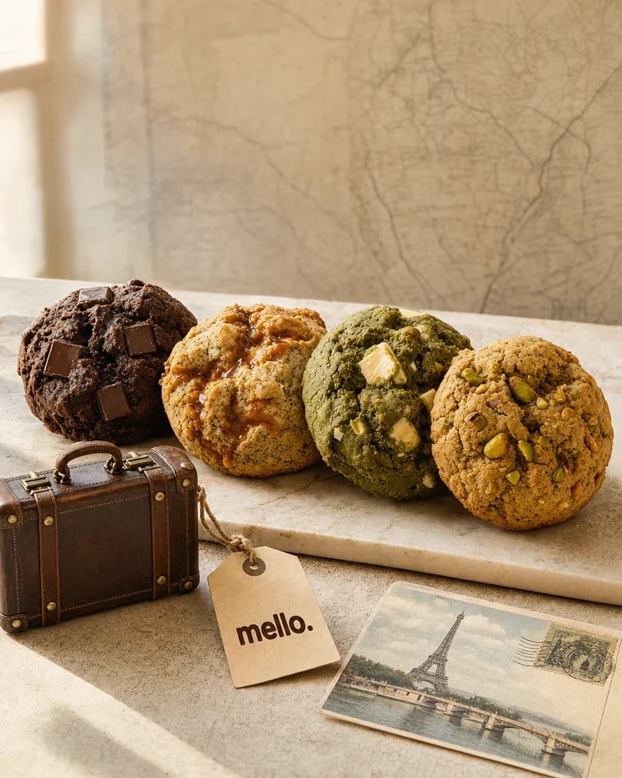 Four mello. destination cookies beside a tiny suitcase and a postcard