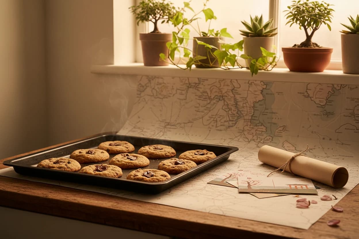 Freshly baked mello. cookies cooling in a London home kitchen
